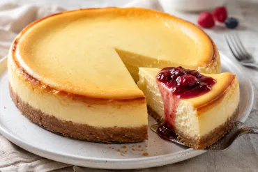 Tarta de queso al horno con mascarpone y Philadelphia, cremosa y coronada con confitura de frutos rojos