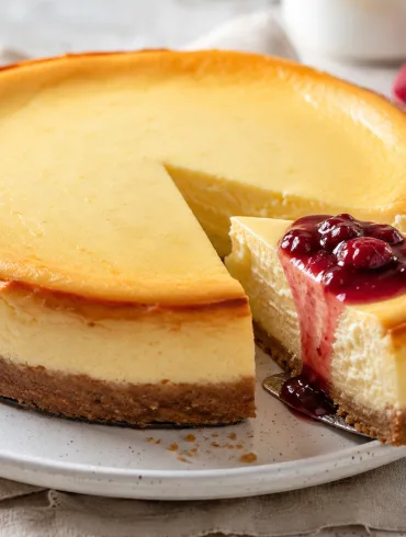 Tarta de queso al horno con mascarpone y Philadelphia, cremosa y coronada con confitura de frutos rojos