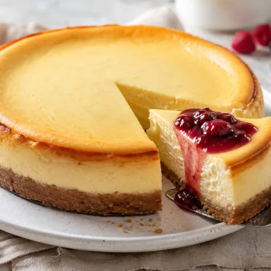 Tarta de queso al horno con mascarpone y Philadelphia, cremosa y coronada con confitura de frutos rojos
