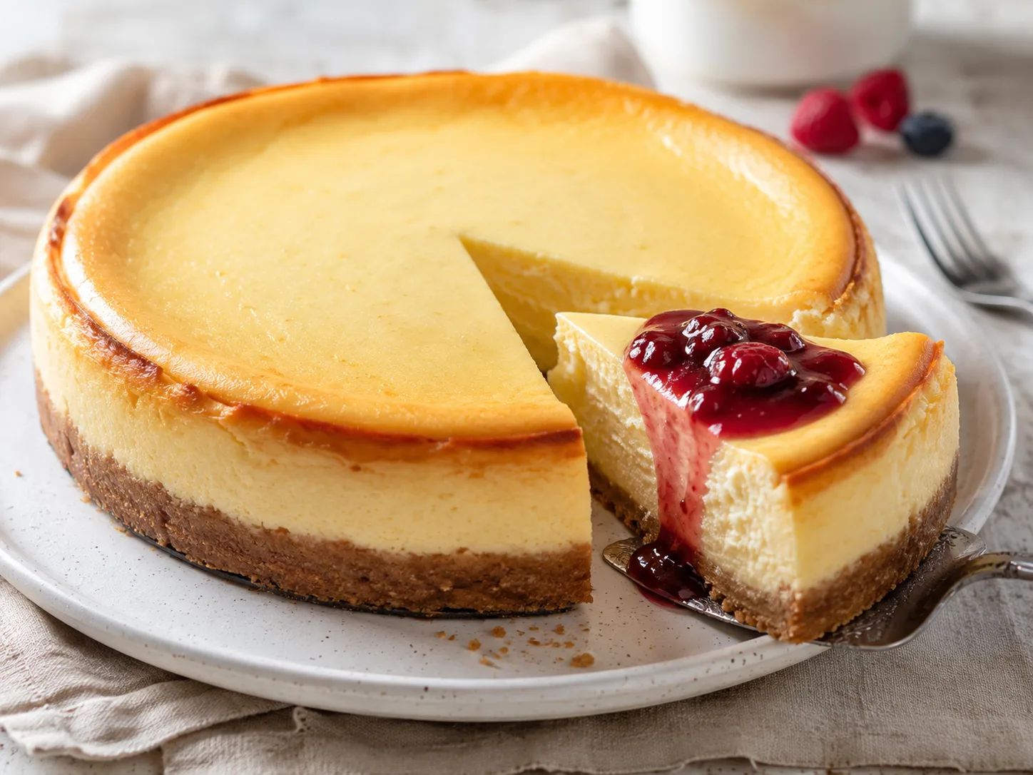 Tarta de queso al horno con mascarpone y Philadelphia, cremosa y coronada con confitura de frutos rojos