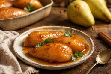Peras al horno caramelizadas en su almíbar, con hojas de menta fresca, servidas en un plato rústico junto a una rama de canela