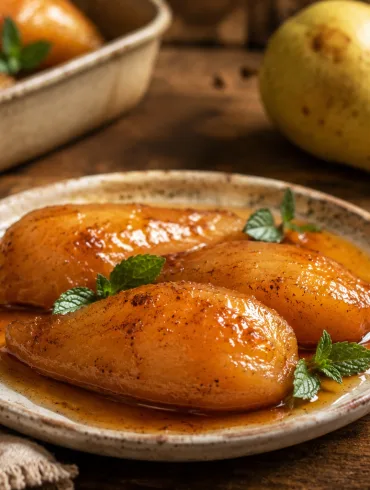 Peras al horno caramelizadas en su almíbar, con hojas de menta fresca, servidas en un plato rústico junto a una rama de canela