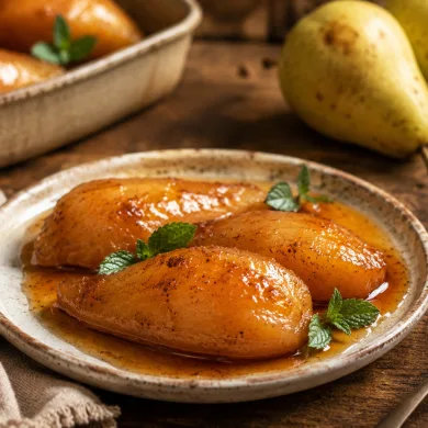 Peras al horno caramelizadas en su almíbar, con hojas de menta fresca, servidas en un plato rústico junto a una rama de canela