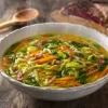 Sopa juliana de verduras con jamón servida en plato hondo, con zanahoria, repollo y espinacas en tiras finas