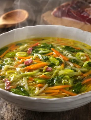 Sopa juliana de verduras con jamón servida en plato hondo, con zanahoria, repollo y espinacas en tiras finas