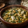 Potaje de vigilia con garbanzos, espinacas y bacalao servido en cazuela de barro