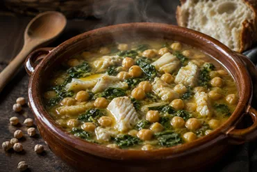 Potaje de vigilia con garbanzos, espinacas y bacalao servido en cazuela de barro