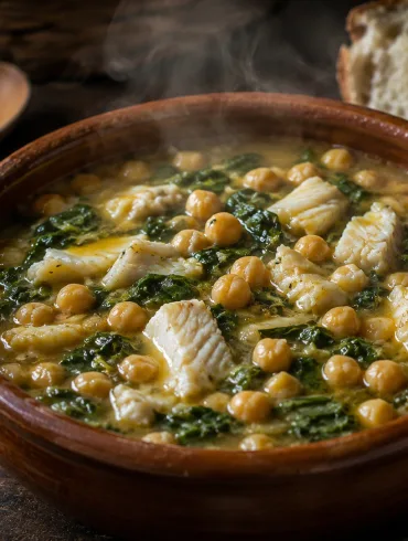Potaje de vigilia con garbanzos, espinacas y bacalao servido en cazuela de barro
