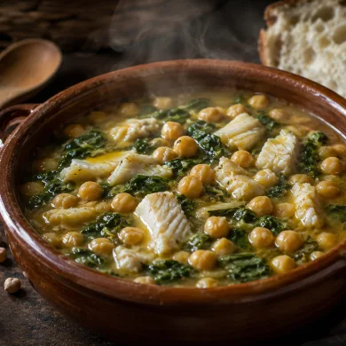 Potaje de vigilia con garbanzos, espinacas y bacalao servido en cazuela de barro