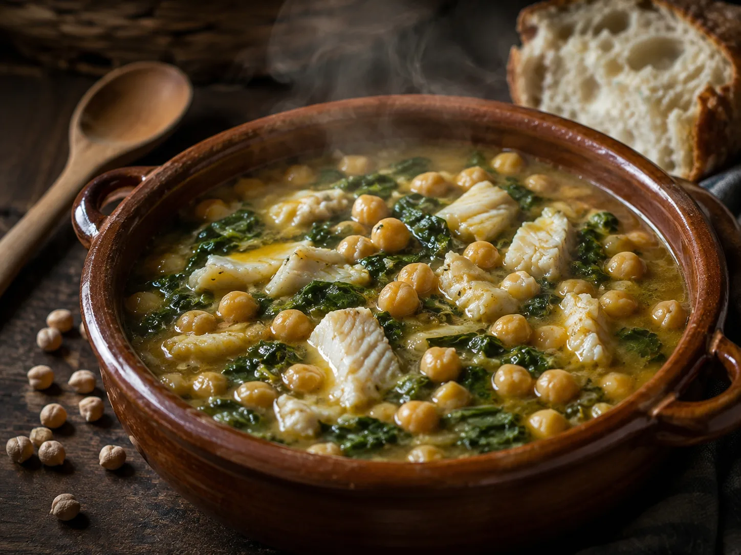 Potaje de vigilia con garbanzos, espinacas y bacalao servido en cazuela de barro