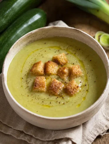 Crema de calabacín tradicional de color verde claro, servida en un cuenco rústico con picatostes, un hilo de aceite de oliva y pimienta, junto a calabacines y un puerro frescos