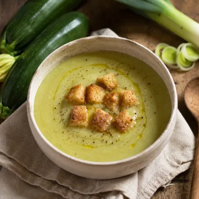 Crema de calabacín tradicional de color verde claro, servida en un cuenco rústico con picatostes, un hilo de aceite de oliva y pimienta, junto a calabacines y un puerro frescos