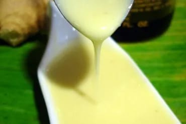 Salsa thai de leche de coco, blanca y cremosa, servida en un cuenco