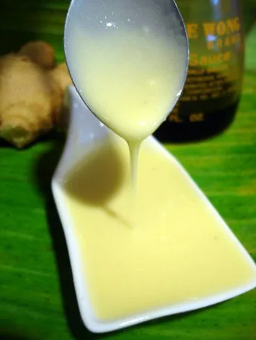 Salsa thai de leche de coco, blanca y cremosa, servida en un cuenco