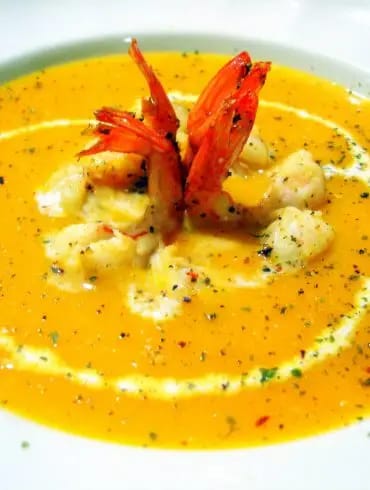Crema de calabaza y langostinos