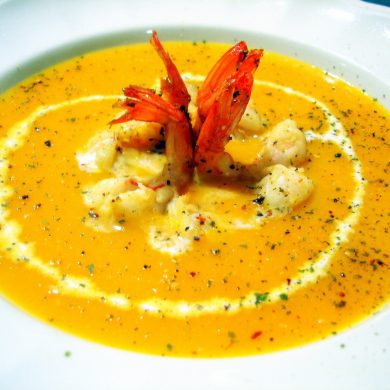 Crema de calabaza y langostinos