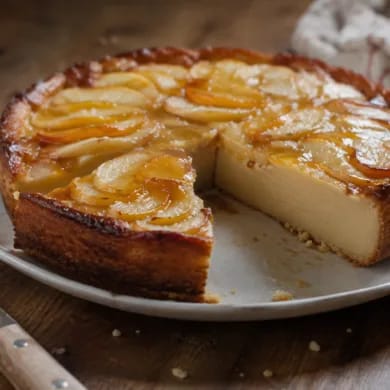 Tarta de manzana y melocotón cortada: el interior es liso y denso, como un flan horneado, con rodajas de fruta pelada en abanico y brillo de mermelada por encima