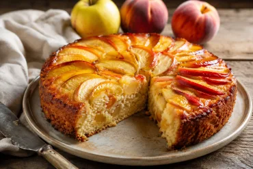 Tarta de manzana y melocotón casera con rodajas de fruta en abanico doradas y un trozo cortado que deja ver la miga jugosa, sobre una mesa de madera