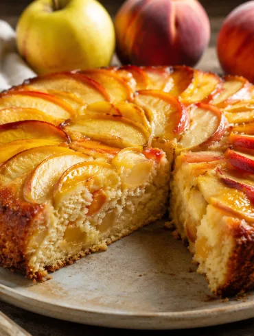 Tarta de manzana y melocotón casera con rodajas de fruta en abanico doradas y un trozo cortado que deja ver la miga jugosa, sobre una mesa de madera