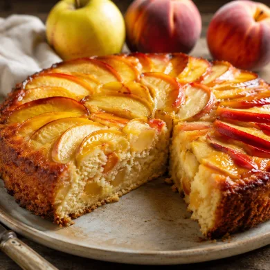 Tarta de manzana y melocotón casera con rodajas de fruta en abanico doradas y un trozo cortado que deja ver la miga jugosa, sobre una mesa de madera