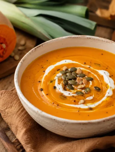 Crema de calabaza casera de color naranja intenso con una espiral de nata, pipas de calabaza tostadas y pimienta, servida en un cuenco rústico junto a una calabaza y un puerro