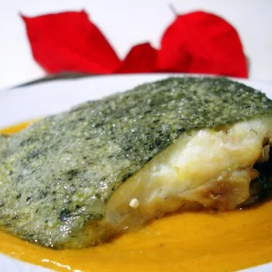 Rodaballo al horno con crema de garbanzos