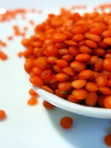 Lentejas rojas crudas en un cuenco blanco, con su color naranja intenso y algunos granos sueltos alrededor