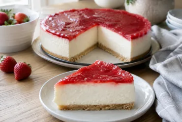 Tarta de queso Philadelphia y nata fácil sin horno, con base de galleta y cobertura de mermelada de fresa