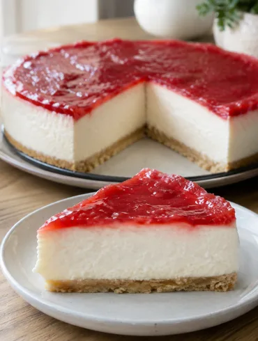 Tarta de queso Philadelphia y nata fácil sin horno, con base de galleta y cobertura de mermelada de fresa