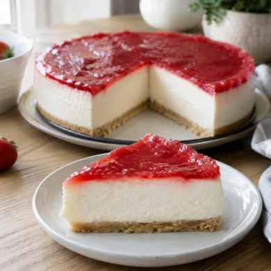 Tarta de queso Philadelphia y nata fácil sin horno, con base de galleta y cobertura de mermelada de fresa