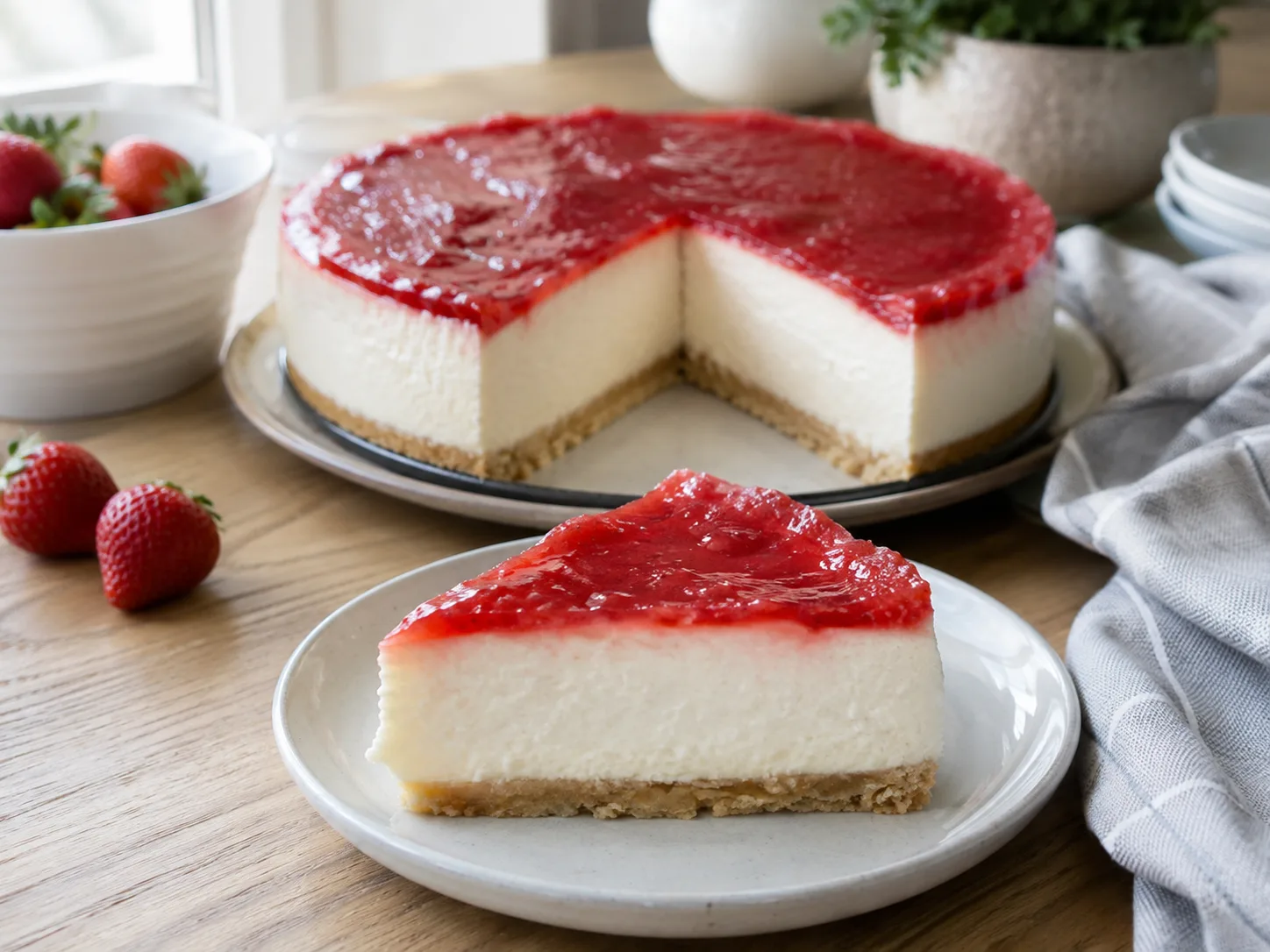 Tarta de queso Philadelphia y nata fácil sin horno, con base de galleta y cobertura de mermelada de fresa