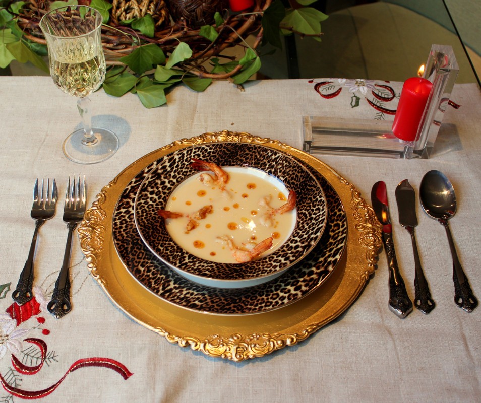 Crema de langostinos y pescado