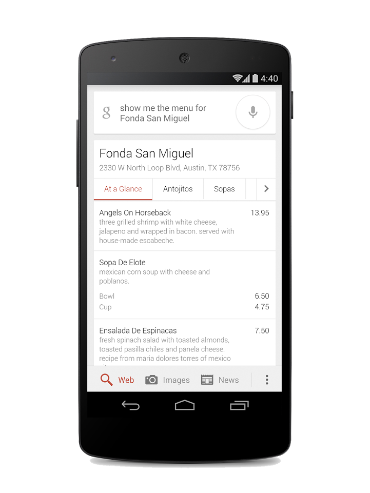 Google Menu restaurant search
