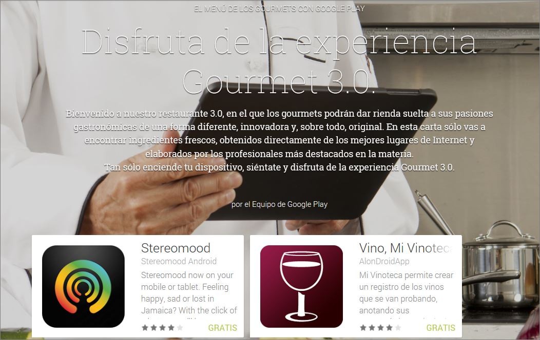 Menú del Gourmet 3.0 en Google Play