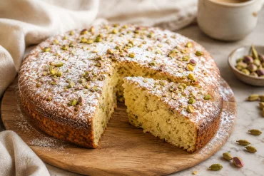 Bizcocho de pistacho y cardamomo espolvoreado con azúcar glas y granillo de pistacho
