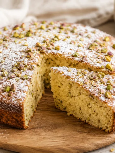 Bizcocho de pistacho y cardamomo espolvoreado con azúcar glas, con una porción cortada