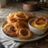 Aros de cebolla caseros dorados y crujientes con un cuenco de salsa de queso cheddar para mojar