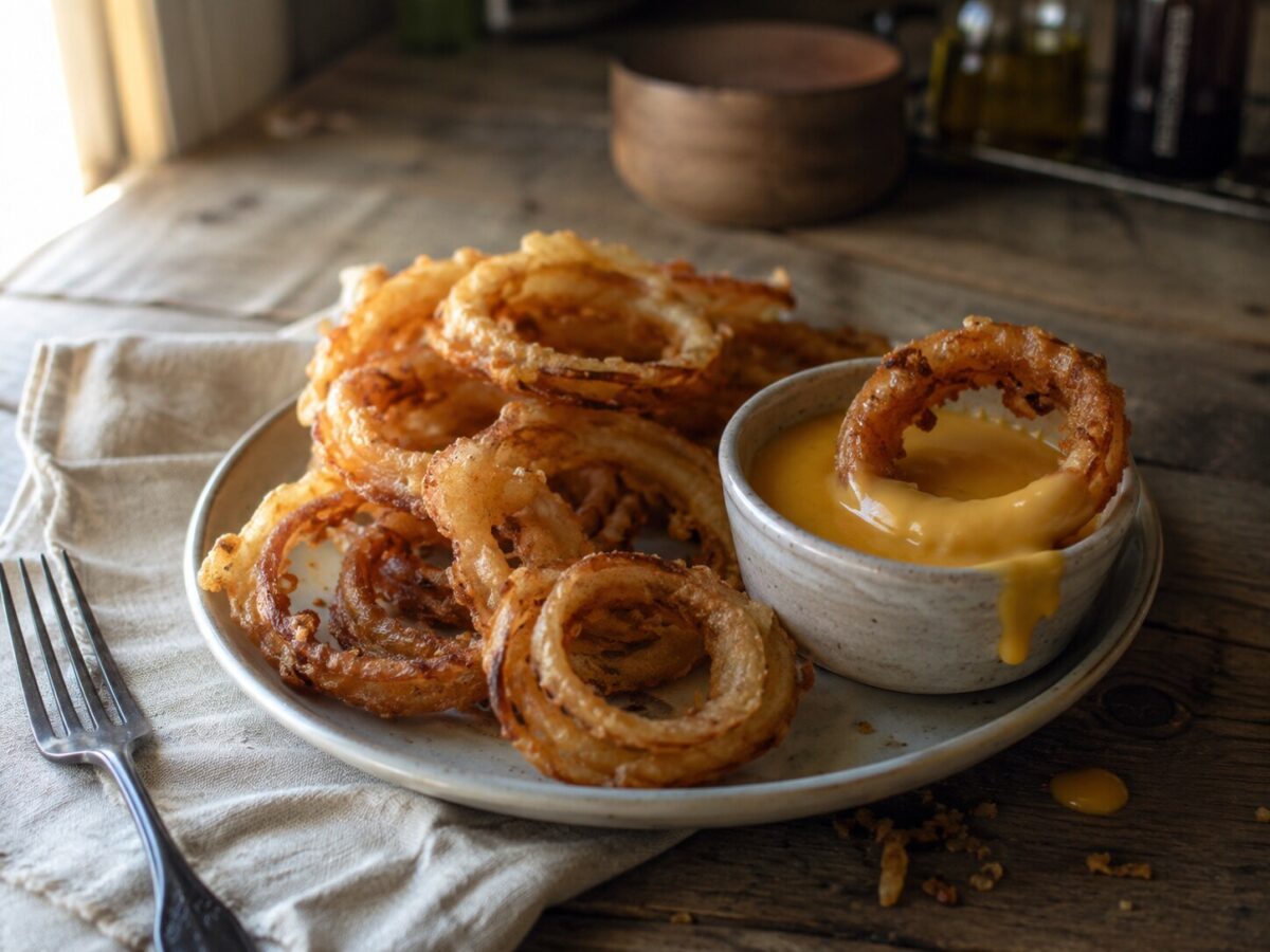 Aros de cebolla caseros dorados y crujientes con salsa de queso cheddar