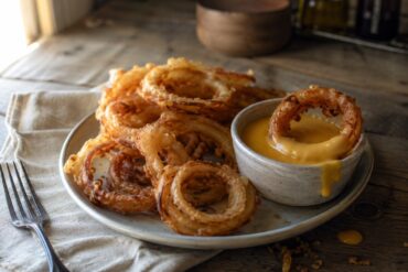 Aros de cebolla caseros dorados y crujientes con un cuenco de salsa de queso cheddar para mojar