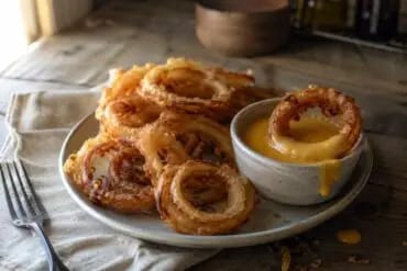 Aros de cebolla caseros dorados y crujientes con un cuenco de salsa de queso cheddar para mojar