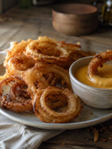 Aros de cebolla caseros dorados y crujientes con un cuenco de salsa de queso cheddar para mojar