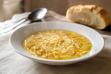 Caldo de cocido casero en plato hondo blanco, dorado y con fideos finos, con pan al fondo
