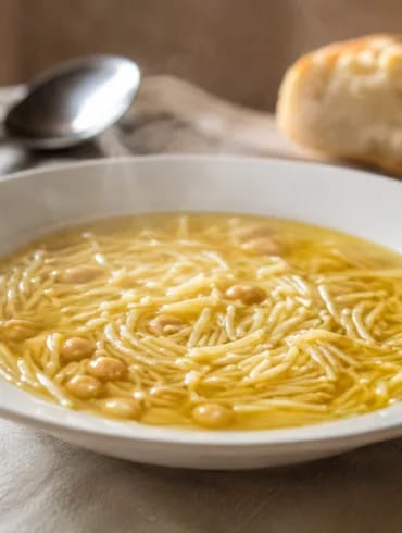 Caldo de cocido casero en plato hondo blanco, dorado y con fideos finos, con pan al fondo