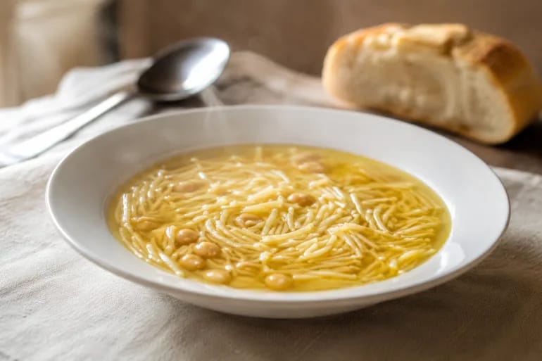 Caldo de cocido casero en plato hondo blanco, dorado y con fideos finos, con pan al fondo