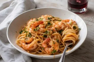 Plato hondo de espaguetis con langostinos en salsa de tomate y vermut, con perejil picado y una copa de vermut rojo al fondo