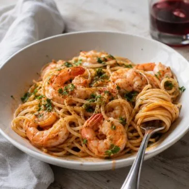 Plato hondo de espaguetis con langostinos en salsa de tomate y vermut, con perejil picado y una copa de vermut rojo al fondo