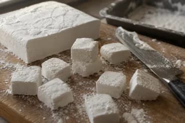 Nubes de azúcar caseras recién cortadas, con el bloque a medio cortar y los cubos rebozados en azúcar glas y maicena