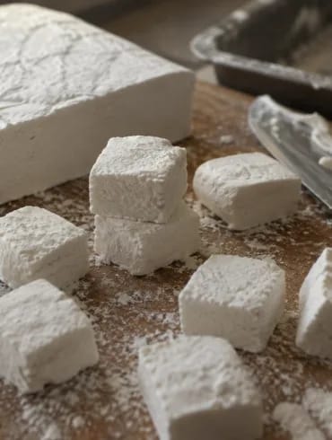Nubes de azúcar caseras recién cortadas, con el bloque a medio cortar y los cubos rebozados en azúcar glas y maicena