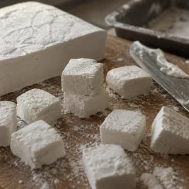 Nubes de azúcar caseras recién cortadas, con el bloque a medio cortar y los cubos rebozados en azúcar glas y maicena