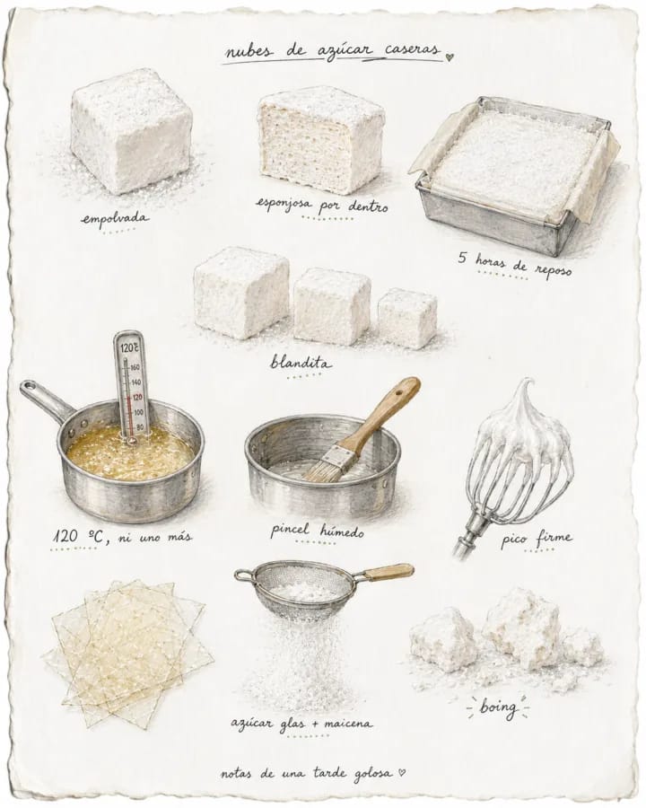 Lámina ilustrada con las claves de las nubes de azúcar caseras: almíbar a 120 grados, pincel húmedo, claras a punto de nieve y rebozado de azúcar glas y maicena